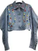 Womens Jackets Curved Wave Colorful Diamonds Beaded Denim Coat Washed Lantern Sleeve Sequins Jeans Jacket High Waist Crystal Cowboy Cardigan 230822