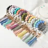 Silicone Tassel Wrist Beaded Bracelet Keychain Wooden Bead Keychain Girls Bag Decoration Keyring Key Chains Gift