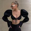 Damestanks sexy veter boog crop tops vrouwen ruches puff puff mouw backless tanktop v-neck holle vouwen buis casual vest streetwear
