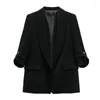 Women's Suits Summer Rolled-up Sleeves Casual Blazer Lapel Collar Shoulder Pads Open Front 3/4 Rolled Cuffs Jacket