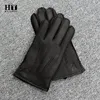 Five Fingers Gloves winter men's leather gloves hand-stitched deerskin warm wear-resistant black wave pattern Cold proof mittens 70% wool lining 230822