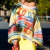 여자 스웨터 대형 니트 무지개 스웨터 여자 패션 스트라이프 대비 라운드 넥 풀오버 캐주얼 느슨한 귀여운 점퍼 230822