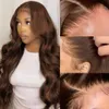 Wig dianteiro de renda corporal de 30 polegadas de chocolate marrom 13x4 220%Densidade HD Lace Frontal Wig Brasileira Lace Frente Formulada Humanos Humanos Perucas