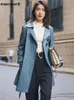 Womens Leather Faux Lautaro Spring Autumn Classy Blue Trench Coat for Women Belt Elegant Luxury Designer Clothes Runway Fashion 230822