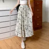 Skirts Summer Flower Print Chiffon Pleated Skirt Women Korean Fashion Elastic High Waist A-line Slim Midi Long