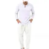 2023 Мужские спортивные костюмы Осень Henley Neck Shere Рубашка с длинным рукавом мужчина зрелый стиль подходит для сплошного цвета шнурок карманные брюки Мужские повседневные два куски