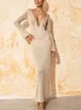 Basic Casual Dresse Elegant Hollow Out V Neck Knitted Maxi Dress 2023 Female Flare Long Sleeve Cut Slim Beach Lady Vacation Vestidos 230823