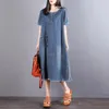 Casual Kleider 2023 Mode Retro Stil Denim Kurzarm Elegante Kleid Sommer Lose Lange Rundhals Große Größe Frauen S561