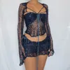 Robe tricotée au crochet 3 pièces jupe ensembles 2023 été femmes vêtements sexy crop hauts élégant tricot robe à paillettes 2 pièces ensemble tenue 2308233