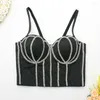 Women's Tanks Tube Tops Black Halter Suspender Fishbone Corset Top With Rhinestone Party Crop Cups 2023 Female Sexy Underwear