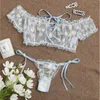 Sexy conjunto de roupa interior feminina renda floral fio livre lingerie offshoulder pequeno peito bralettethong beachwear sutiã transparente 230824