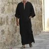Men's Casual Shirts Jubba Thobe Kaftan Muslim Arab Islamic V-neck Short Sleeve Solid Cotton Linen Robes Fashion Arabia Man Abaya