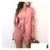 Women'S Two Piece Pants Women S In 3 Pieces Suits Sets With Sashe Long Sleeve Top Biker Shorts Vest Spring Solid Elegant Office Lady Dhogr