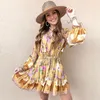 Vestidos casuais ayualin rosa estampa floral de manga longa mini mulheres cintura elástica Rayon Autumn Ruffles Dress 2023 Boho Robe Playdress