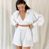 Women's Sleepwear Pajamas Cotton Summer 3 Pieces Shorts Set And Corset Top With Turn-down Collar Long Shirt Home Suit Loungewear Female