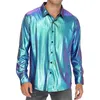 Chemises décontractées pour hommes Chemise brillante métallique pour hommes Mode Lâche Bouton à manches longues pour la fête Festival de musique Discothèque Performance sur scène