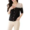 Kvinnors tröjor Summer Short Sleeve Button Sweater For Women V Neck Hollow Out Lace Patchwork Knitwears Elegant Sticked Shirt Casual Korean