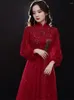 Casual Dresses Wine Red Dress Women Spring Autumn Solid Color Stand Collar Applique Sequins Long Sleeve A-line Skirt Female Clothing M271