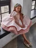 Girl Dresses Pink Fluffy Layered Long Sleeved Single Shoulder Sequin2023 Flower Dress Wedding Cute Child Communion Party