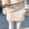 Two Piece Dress Sarebon Winter Slim High midja höft wrap kjol stickning mink varma korta kvinnor 230823