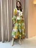 Basic Casual Dresses Polo Neck Gedrukt Vintage Long Jurk Princess Mouwen Laceup Big Hem Loose Vestidos Fashion Women Elegant Robe 230823