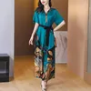 Dwuczęściowe spodnie damskie Lady Kuo Summer Silk Silk Set Fest Print Średnia koszula szeroka noga styl mody Slim Simple