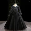 Girl Dresses Gray Sequins Elegant Evening Dress Full Sleeves V-Neck Simple Pleat Ball Gown Floor-Length Party Flower B1795