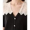 Kvinnors tröjor Summer Short Sleeve Button Sweater For Women V Neck Hollow Out Lace Patchwork Knitwears Elegant Sticked Shirt Casual Korean