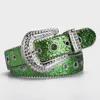 Belts Men Fashion Soft Leather Rhinestone Belt Pin Buckle Strapon Brand Designer Women Punk Goth Waistband Gold Green Black Sash