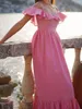 Vestidos casuais bazaleas retro rosa fora de ombro vestidos moda babados longos vestido de mulheres maxi vintage