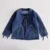 Fashion Girls back printed denim sweatshirt INS kids lace-up peathwork cowboy long sleeve jumper autumn children casual tops S0417