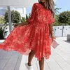 Robes de soirée Robe florale rouge Vêtements d'été pour femmes Asymétrique Bouton d'impression Ceintures Midi A-Line Femmes Boho Beach Robes