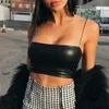 Conjuntos de sujetadores Casual PU Cuero Sexy Camisola negra Slash Neck Ladies Streetwear Crop Top Chic Anillo Correas Bodycon Flaco Camis Summer302O