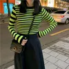 Women's Sweaters Green Stripped Sweater Knitted Crop Top And Blue Vintage Women Striped Ribbed Jumper Fitted Sleeve Pullover Kawaii