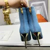 Toppkvalitetsfärg jeans denim ankel zip stövlar pekade tå stilett klackar tryckt läder ensam kvinnors lyxdesigner chelsea skor fabrikskor storlek 35-42 med låda