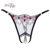 Briefs Panties Pearl Pendant Open Thongs Women Underwear Crotchless Embroidery G String Tanga Lace Transparent Sexy Lingerie 230824