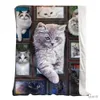 Blankets Grey Cat Flannel Blanket 3D Printed Adult Kids Blanket for Bedding Sofa Travel Office Bed Blanket Soft Lightweight R230824