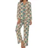 Frauen Nachtwäsche elegante Geo -Print -Pyjamas moderne geometrische Kunstraum gegen Nacken Nachtwege Frauen 2 Stück Design Langarmes Nettel Pyjama -Sets