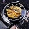 Forsining Diamond Dragon Display Golden Skeleton Luminous Hand Men Watch Black Genuine Leather Waterproof Mechanical Watch Clock236W