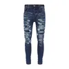 Herr jeans high street mode män jeans retro blå stretch mager fit rippade jeans män rand lappa designer hip hop varumärke byxor hombre 230824