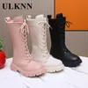 Boots Girl Boats Studenter Beige Warm Pink Tall Canister Shoes Barn mode platt storlek 27 till 37 svart plysch vinter 230823