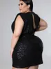 Robes de grande taille Paillettes pour femmes gaine noire col en V sans manches dos nu crayon au-dessus du genou sexy soirée taille robes 5XL 230824