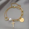 Charm Bracelets Vintage Metal Layered Gold Color Chain Bracelet For Women Punk Cross Beauty Head Coin Ball Star Pendant Pearl Jewelry Wrist