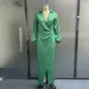 カジュアルドレス女性のエレガントな緑の長袖パーティードレスファッションvネックプリーツマキシイブニングウィズ