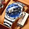 Wristwatches Full Steel Automatic Mechanical Watch For Men Stainless Tourbillon Moon Phase Male Wristwatch Business Man Blue Luxury Clock