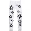 Hommes fleur imprimé jean mode contraste couleur épissé Stretch Denim pantalon peint mince pantalon droit bleu noir blancLF20230824.