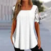 T-shirt de cor sólida feminina, elegante camiseta de renda bordada de renda de renda tee de verão colar com mangas curtas para mulheres