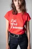 Zadig Voltaire 23SS Designer T Shirt Spring and Summer New French Style ZV Letter Flocking Hem Arc Cotton Women's Red Round Neck Kort ärm T-shirt