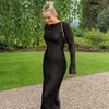 Grundläggande avslappnade klänningar Kaaazi Elegant Bodycon Long ärm klänning för kvinnor 2023 Solid O Neck Fairycore Summer Maxi Holiday Fashion Evening Gown 230823