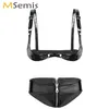 Msemis Women Wet Look Leather Underwear Set Erotic Open Shelf Bra With Zipper Booty Briefs Sexy Pole Dance Rave Bikinis Lingerie B350J